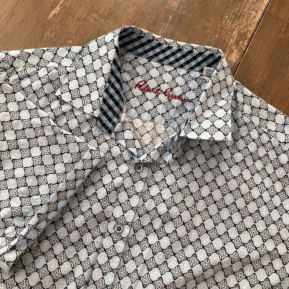 Robert Graham Shirt Mens XL geometric Print Stretch Short Sleeve Button Up